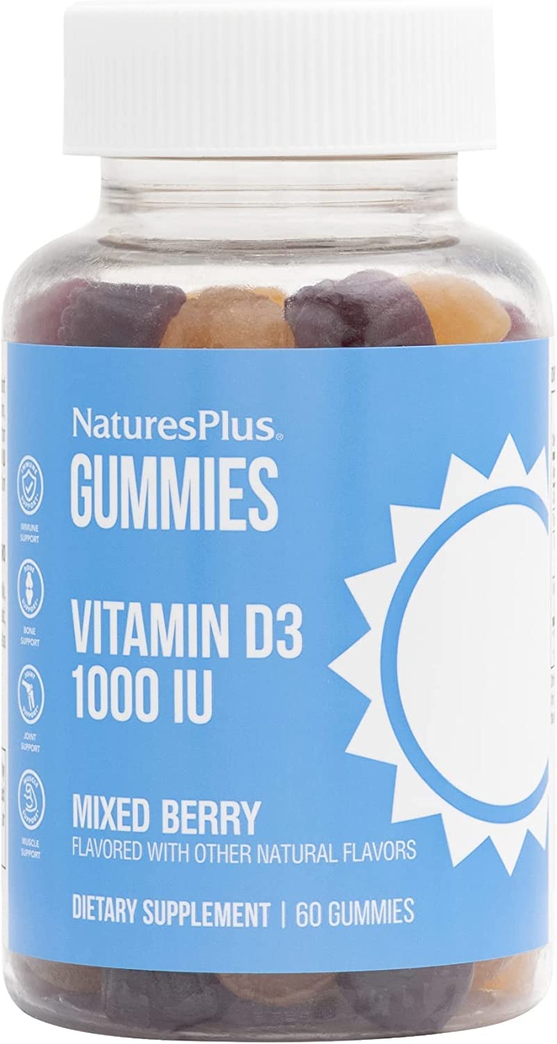 Bottle of NaturesPlus Vitamin D3 1000 IU Gummies in mixed berry flavor
