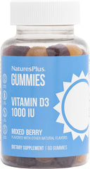 Bottle of NaturesPlus Vitamin D3 1000 IU Gummies in mixed berry flavor