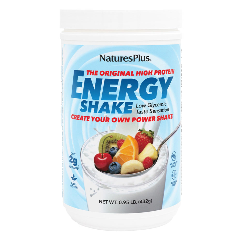 NaturesPlus Energy Shake bottle pour demonstrates a convenient on-the-go protein boost