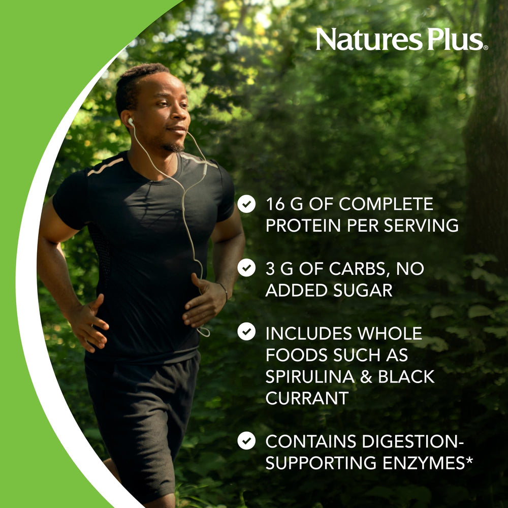 NaturesPlus Energy Shake packaging emphasizes digestion-support enzymes in the blend.
