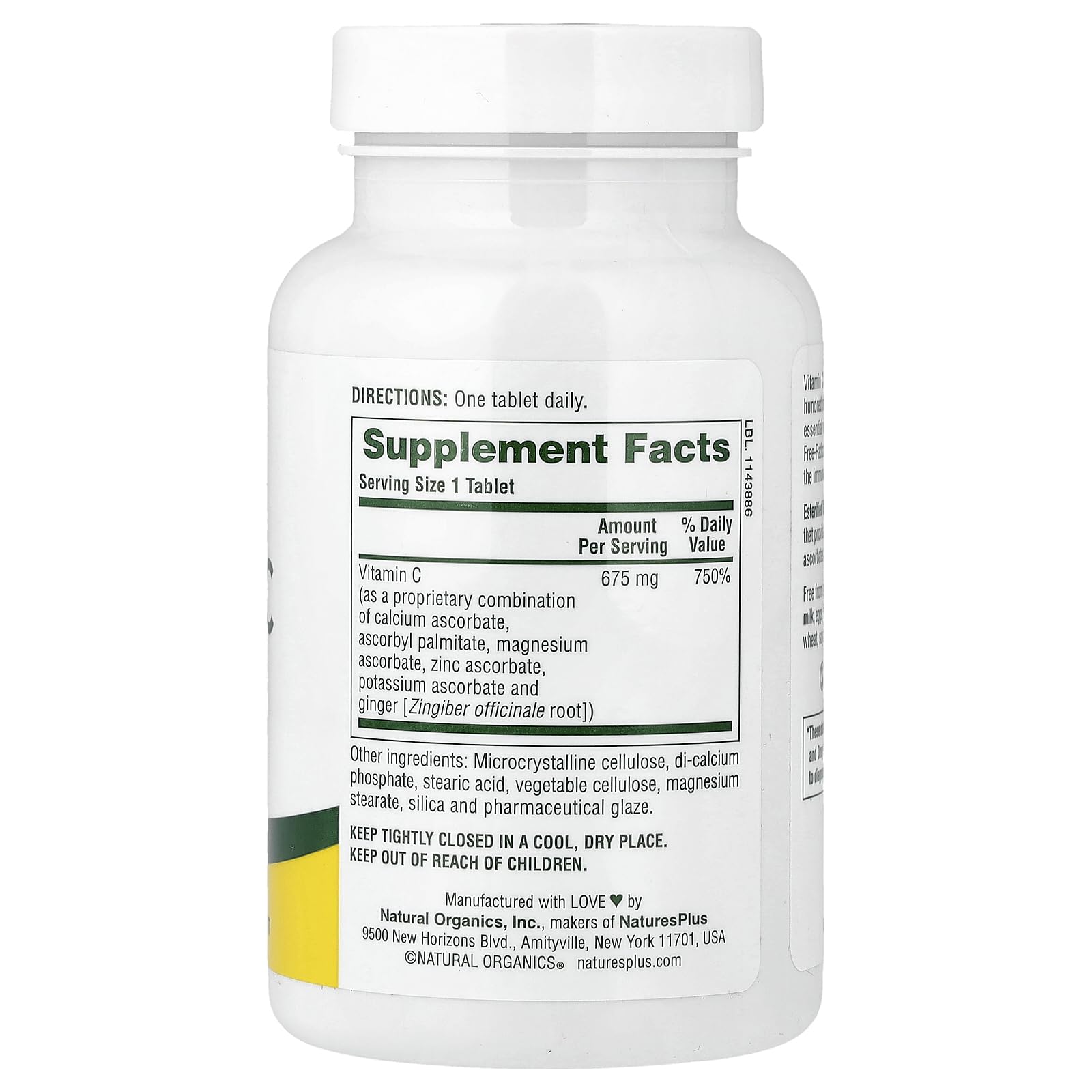 Close-up of NaturesPlus esterified Vitamin C ingredient panel and packaging