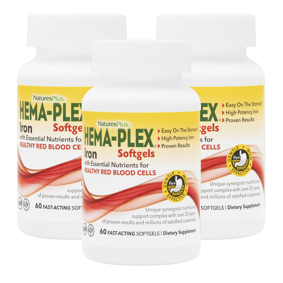 Front label: NaturesPlus Hema-Plex Iron 60 fast-acting softgels, 3-pack