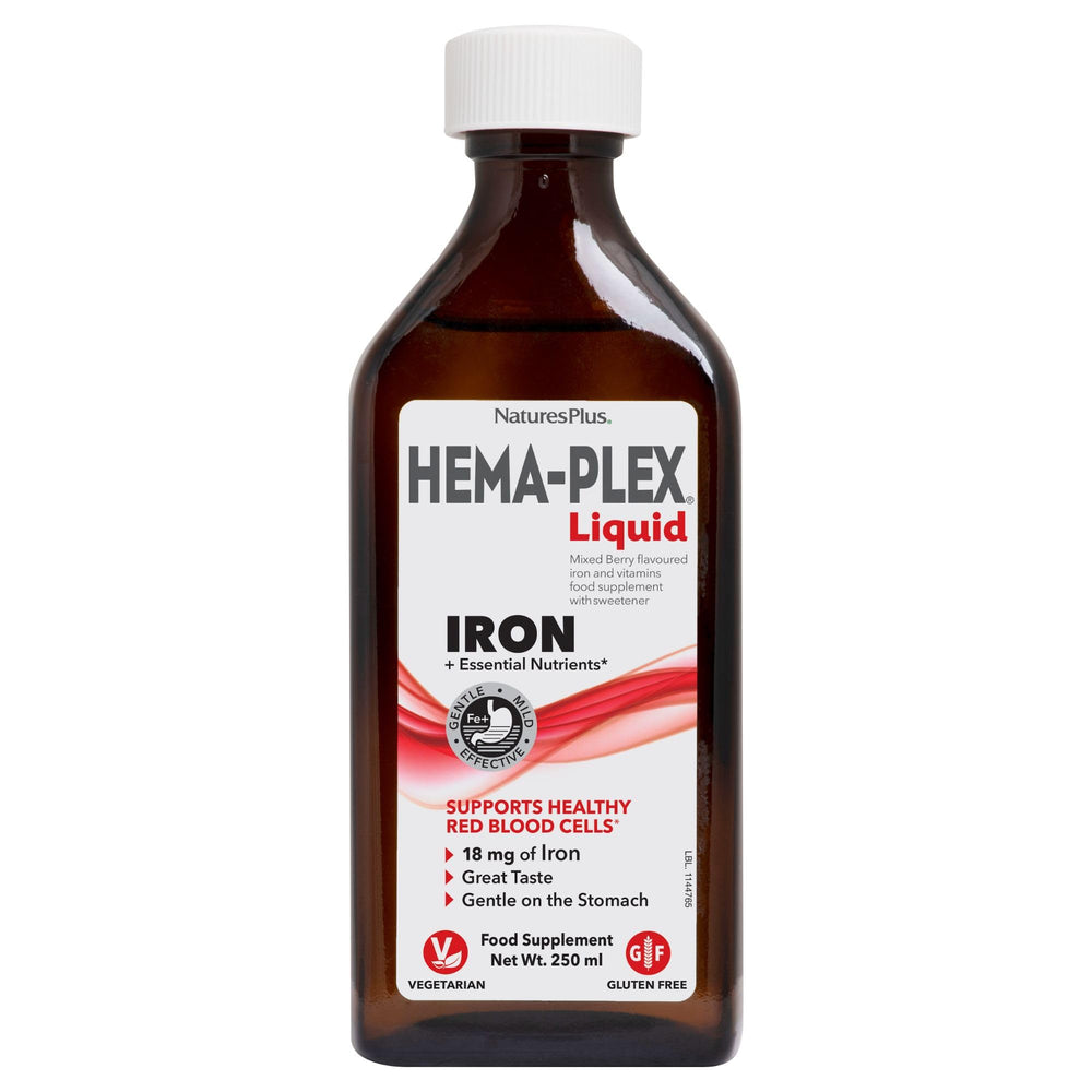 NaturesPlus Hema-Plex Liquid Iron bottle front view – Mixed Berry flavor
