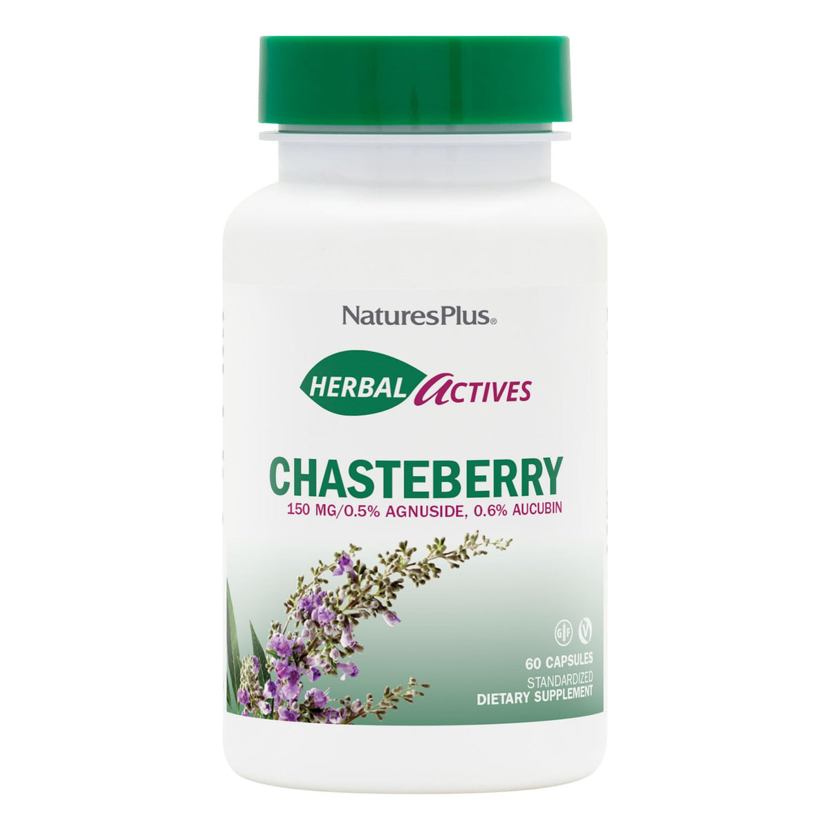 Front view of NaturesPlus Herbal Actives Chasteberry 60 capsules bottle