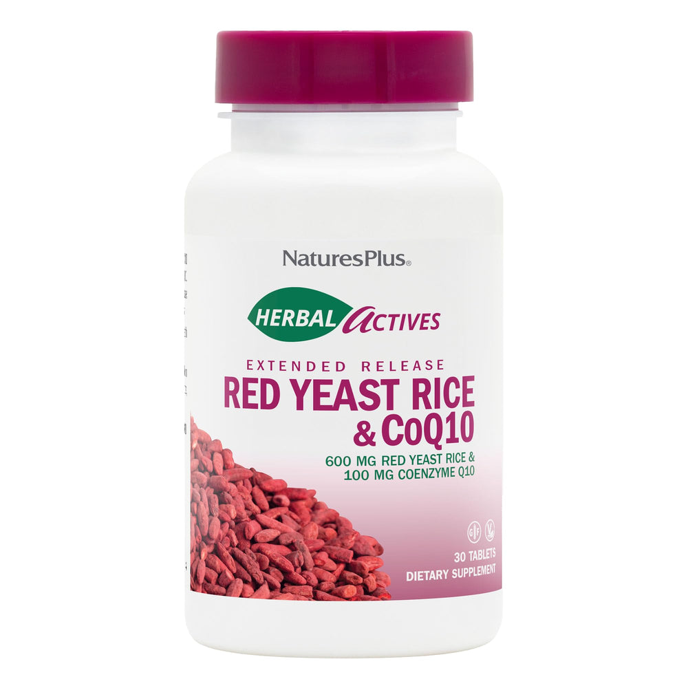 Bottle and label of NaturesPlus Herbal Actives Red Yeast Rice with CoQ10 100mg Extended Release