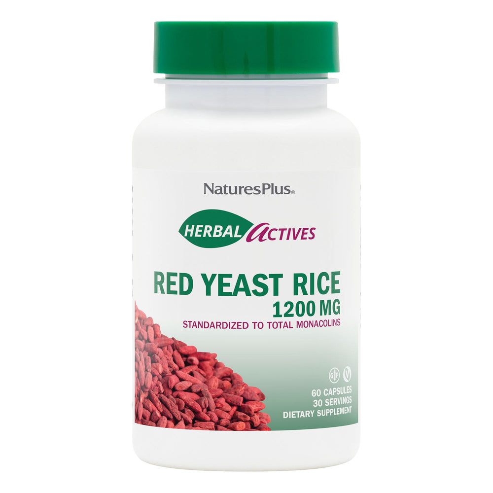 NaturesPlus Herbal Actives Red Yeast Rice bottle highlights vegan gluten-free wellness.
