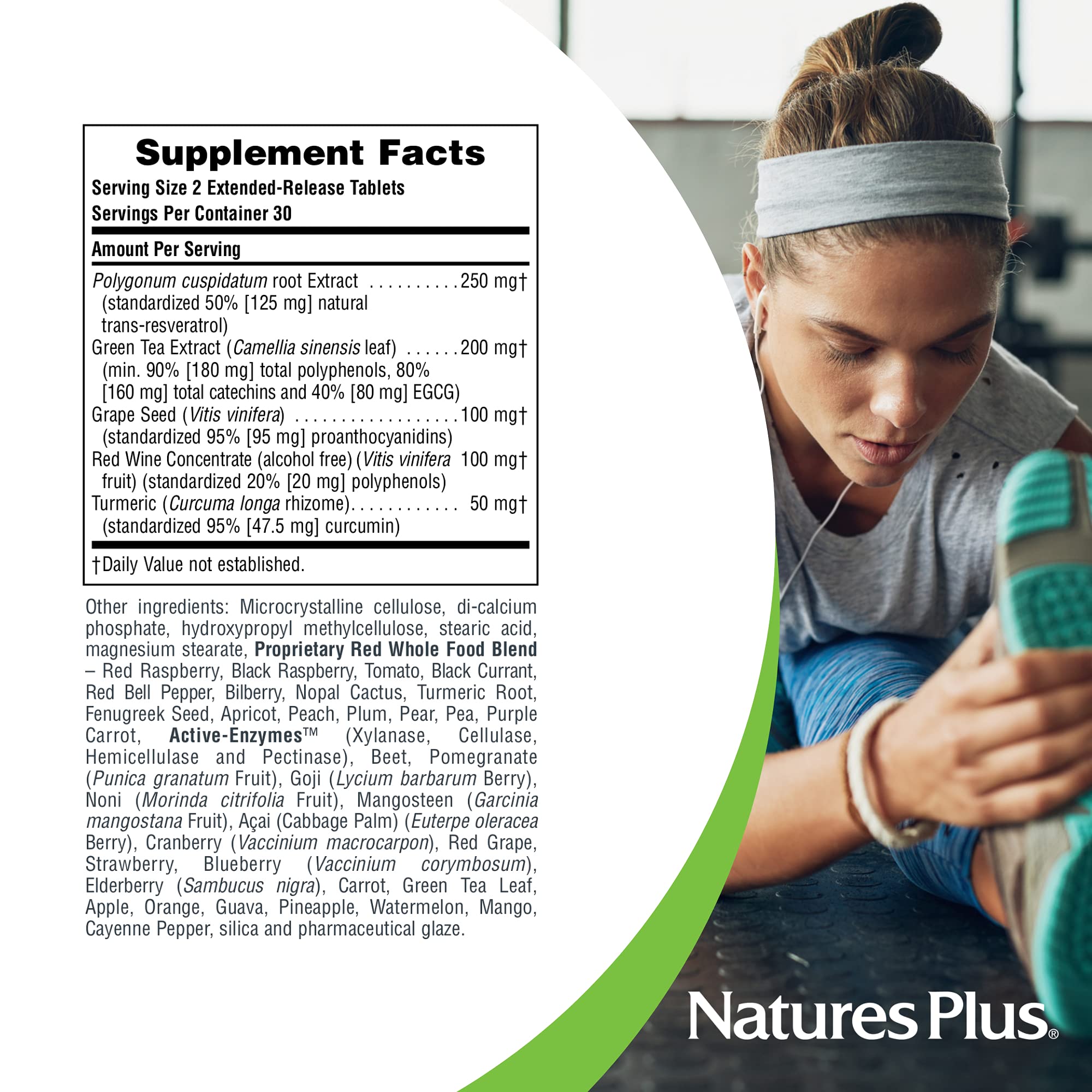 Close-up of NaturesPlus Herbal Actives Resveratrol Extended Release 125 mg label