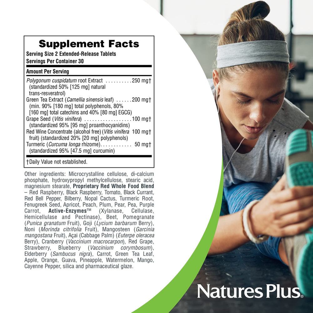 Close-up of NaturesPlus Herbal Actives Resveratrol Extended Release 125 mg label