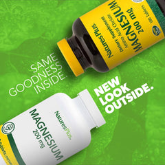 Close-up of 180 magnesium tablets in bottle