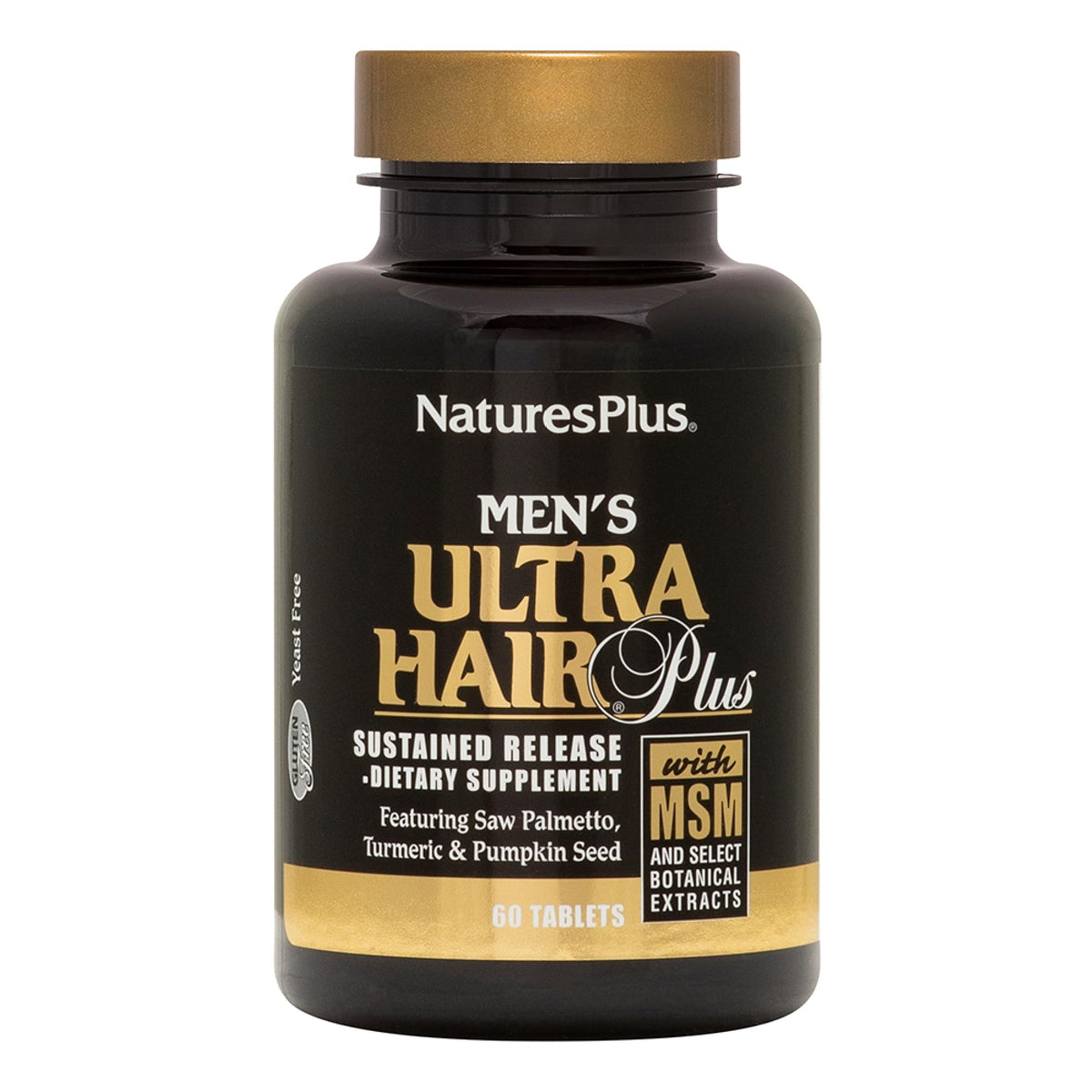 Bottle of NaturesPlus Men's Ultra Hair Plus on white background
