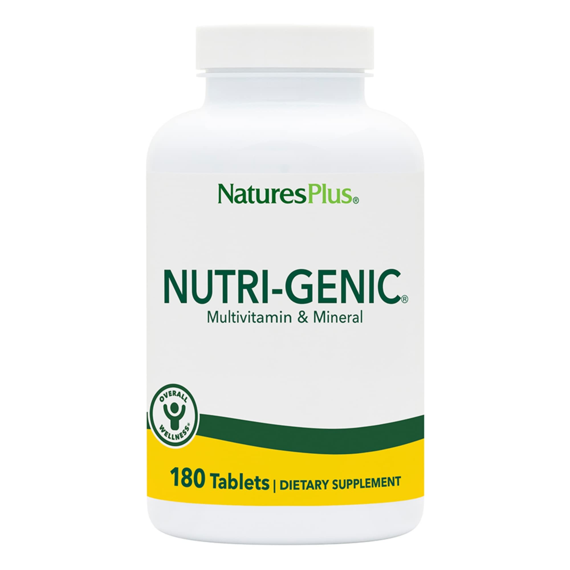 Front packaging of NaturesPlus Nutri-Genic Multivitamin with 180 vegetarian tablets