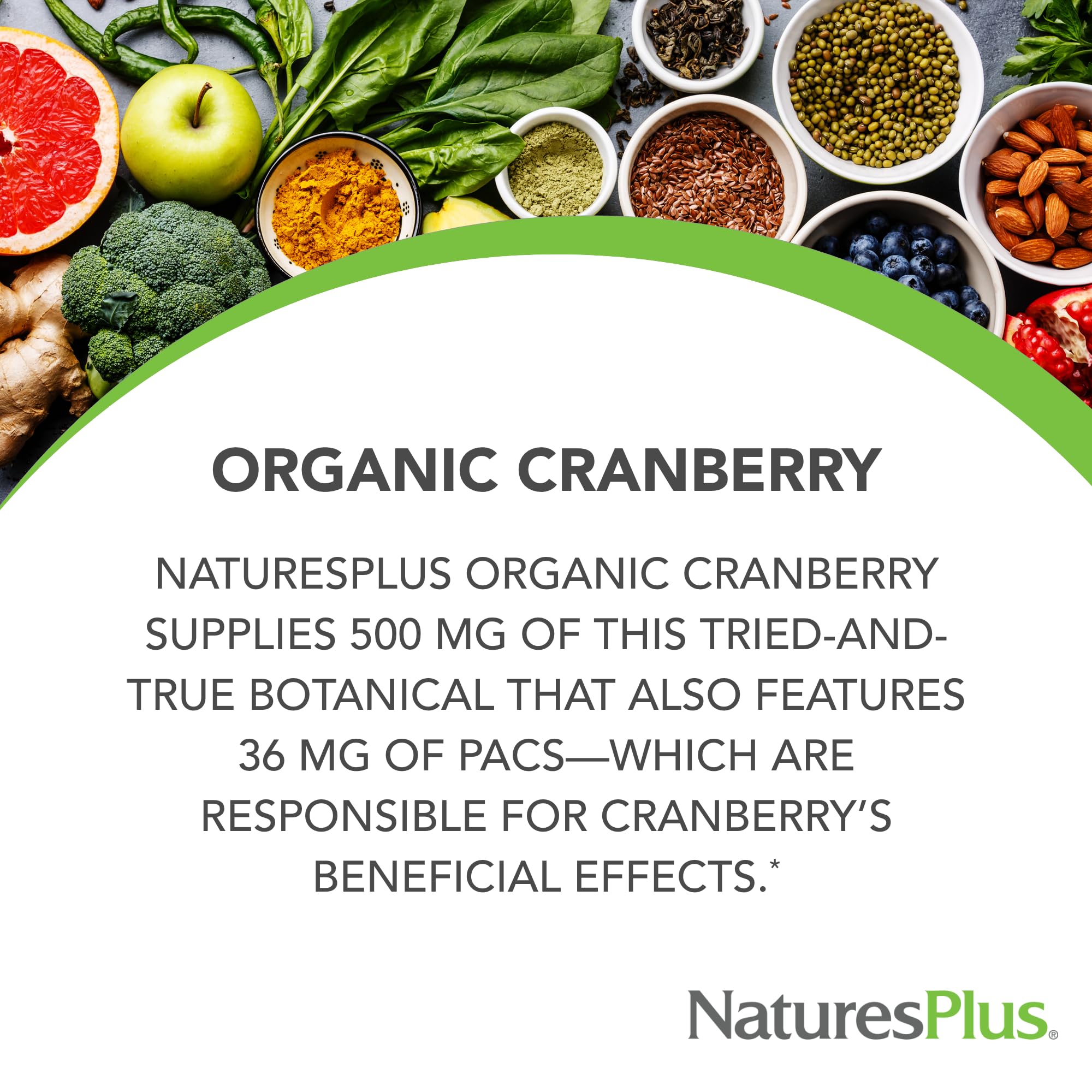 Back view of NaturesPlus Organic Cranberry bottle with supplement facts