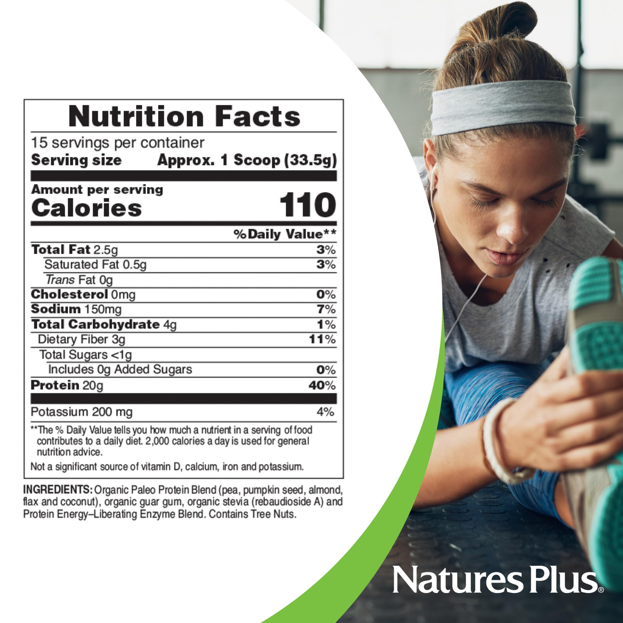 Nature's Plus Organic Paleo Protein scoop shows 20 g protein per serving for energy