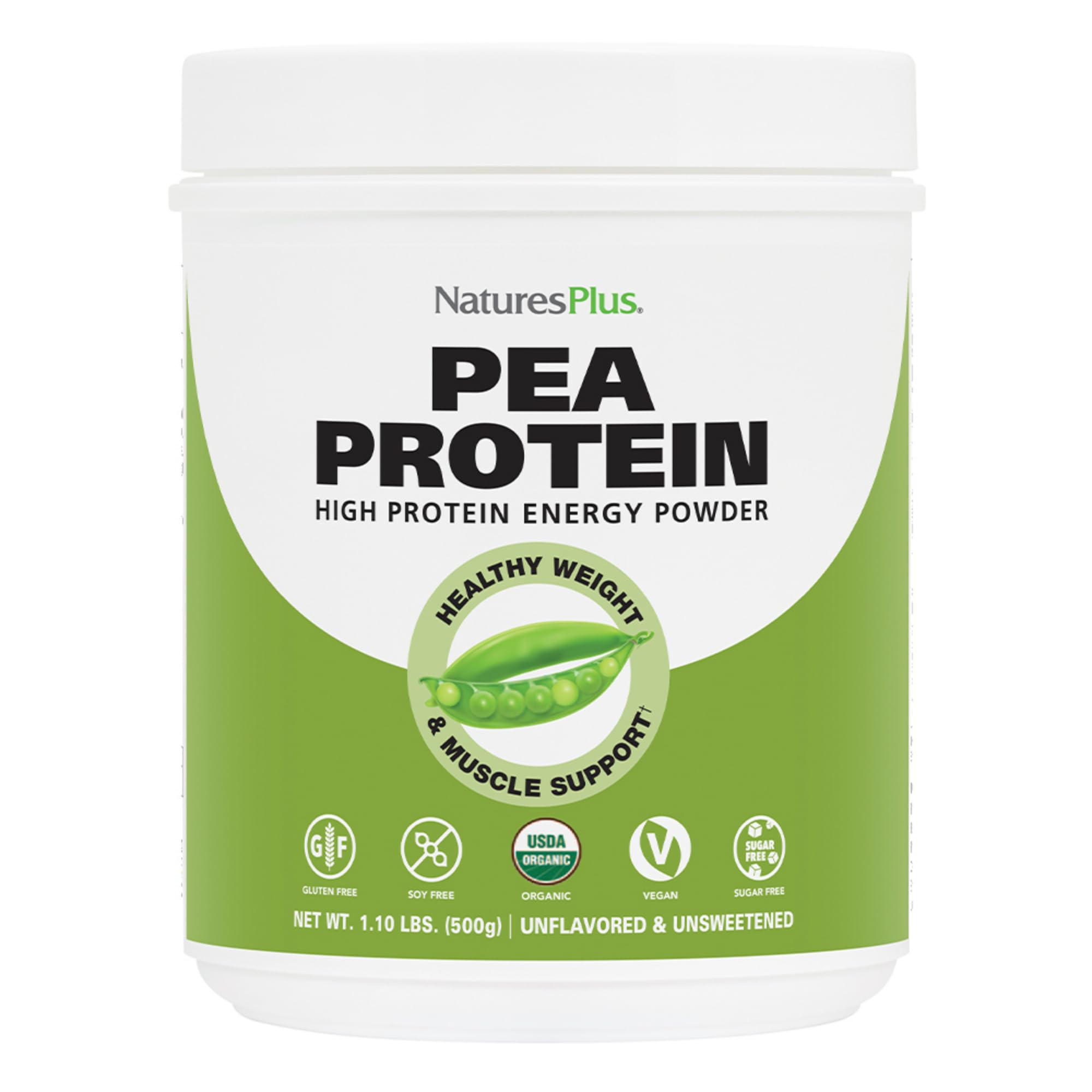NaturesPlus Organic Pea Protein bottle shows premium vegan protein for steady energy