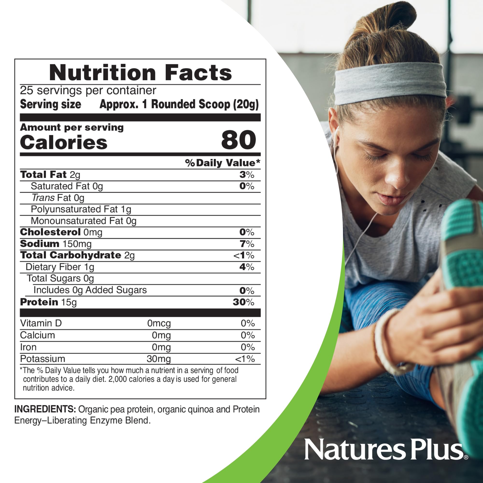 NaturesPlus Organic Pea Protein label emphasizes organic and non-GMO standards