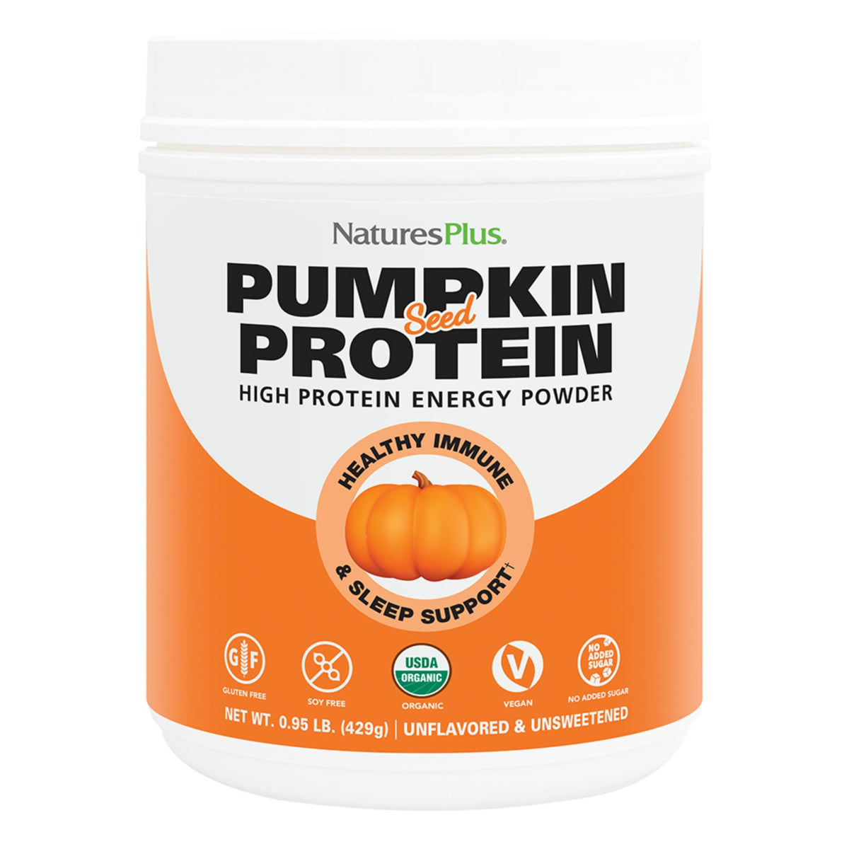 NaturesPlus Organic Pumpkin Seed Protein powder jar for vegan shakes and energy.