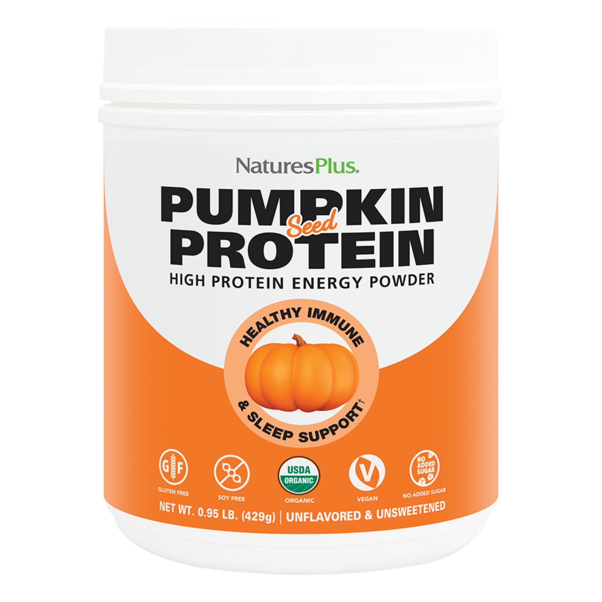 NaturesPlus Organic Pumpkin Seed Protein powder jar for vegan shakes and energy.