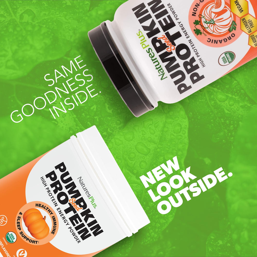 NaturesPlus Organic Pumpkin Seed Protein powder scoop beside powder for quick energy-boosting shakes.