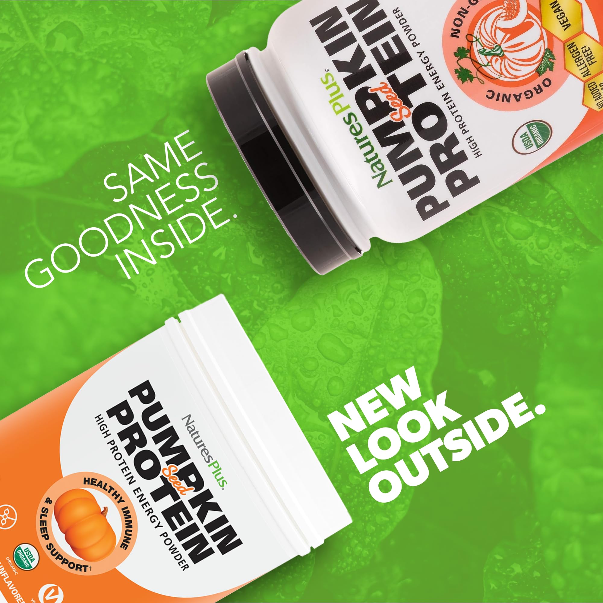 NaturesPlus Organic Pumpkin Seed Protein shake glass highlighting unsweetened versatile protein.