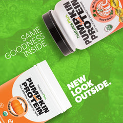 NaturesPlus Organic Pumpkin Seed Protein shake glass highlighting unsweetened versatile protein.