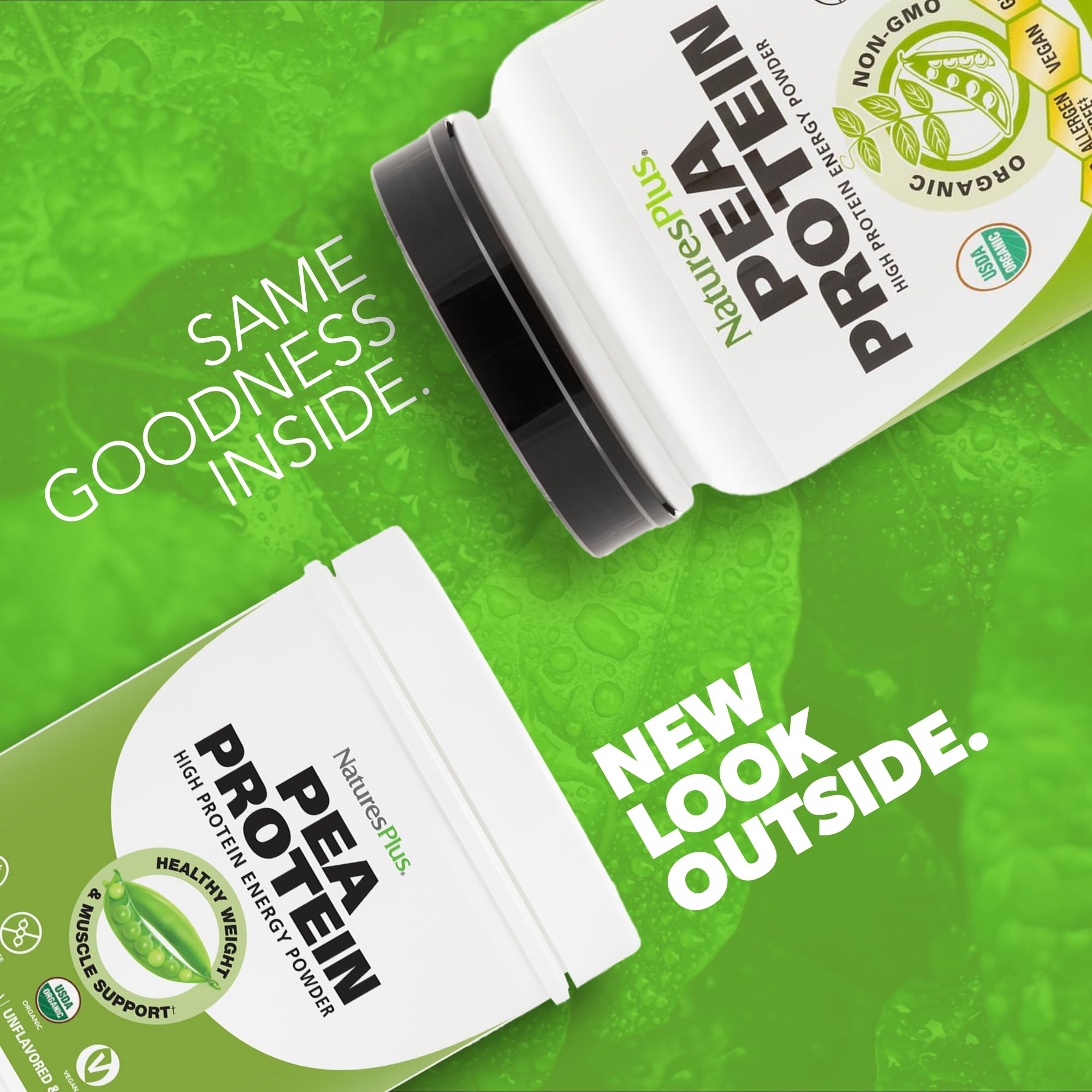 NaturesPlus Organic Pea Protein smoothie image suggests quick energy-boosting drinks