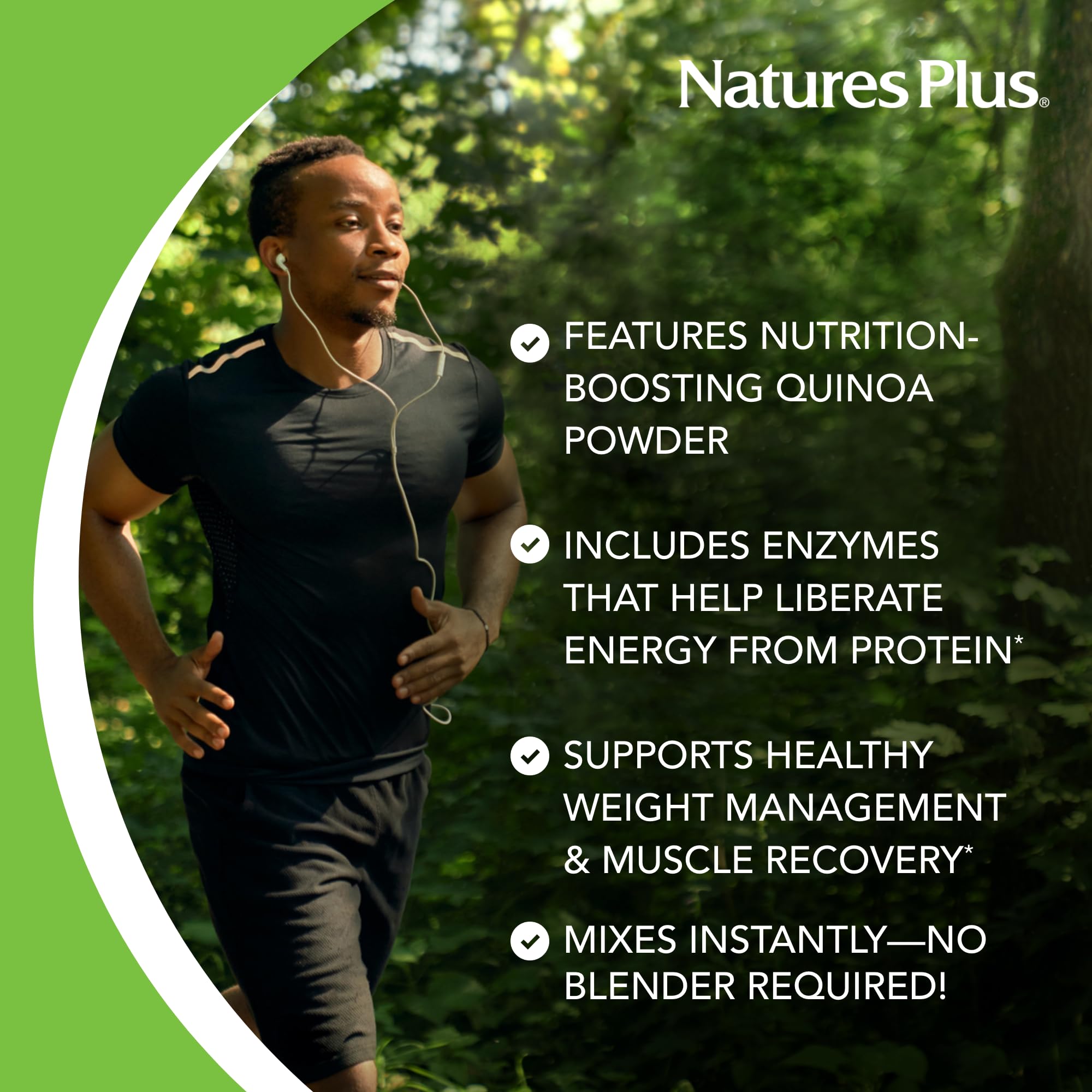 NaturesPlus Organic Pea Protein smoothie image suggests quick energy-boosting drinks