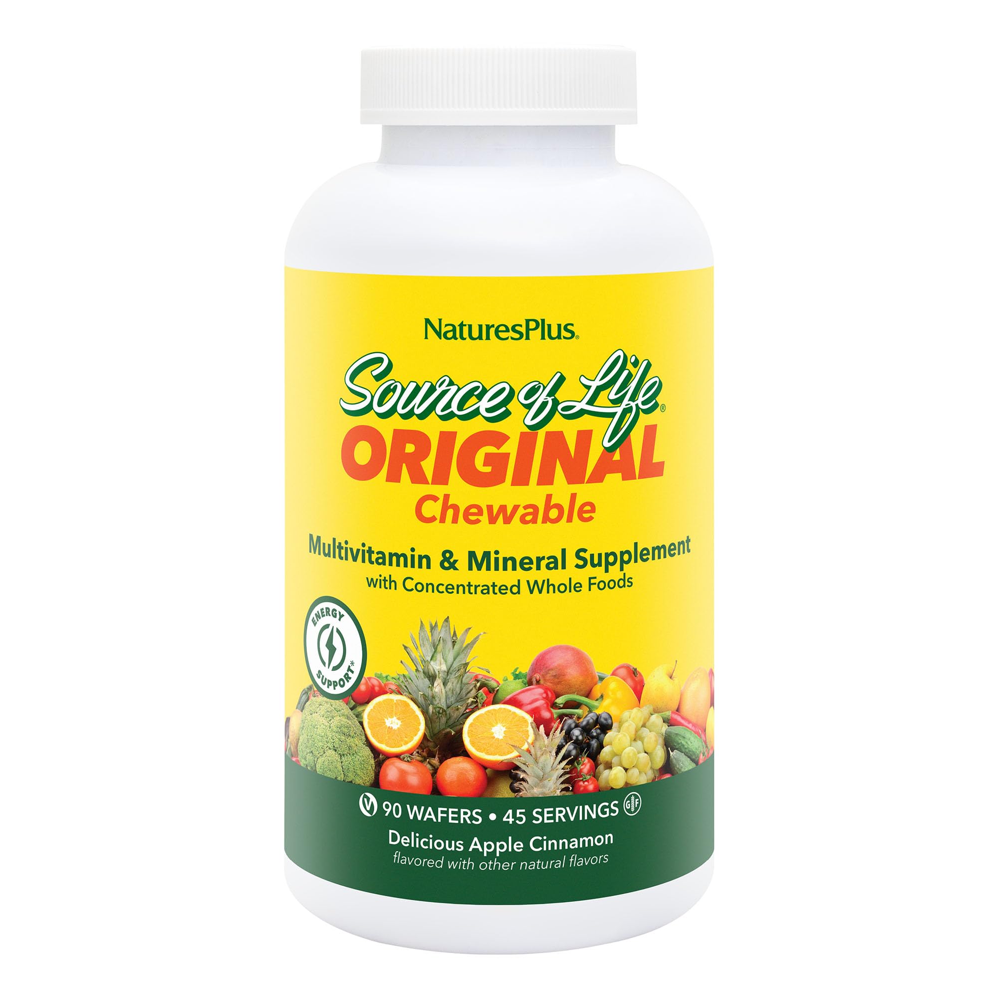 Nature's Plus Source of Life Adult’s Chewable Apple Cinnamon bottle displaying the supplement and flavor