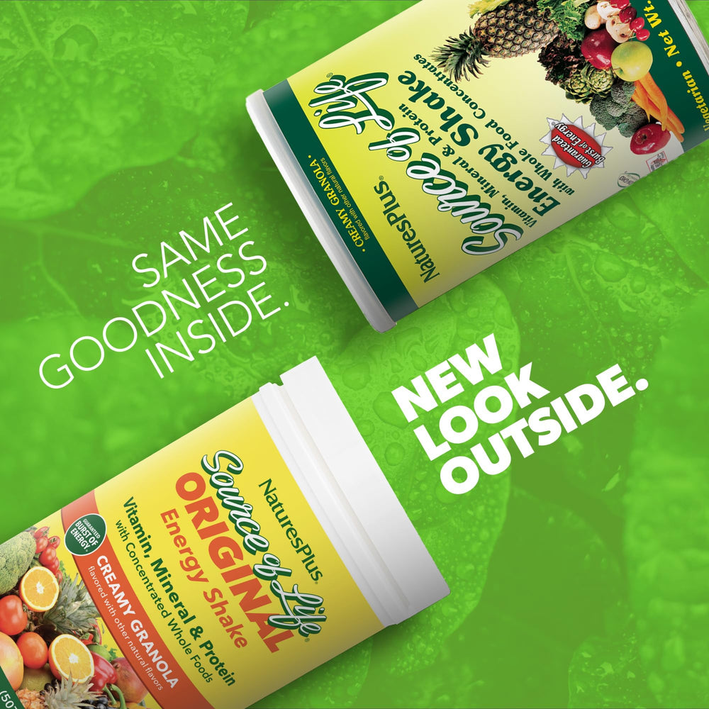NaturesPlus Source of Life Energy Shake creamy-texture closeup highlights a silky, tasty protein drink.
