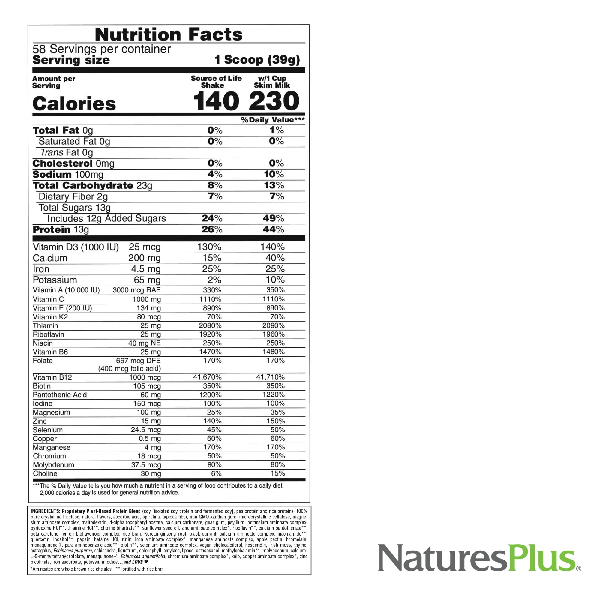 NaturesPlus Source of Life Energy Shake ingredients infographic highlights bioflavonoids and enzymes