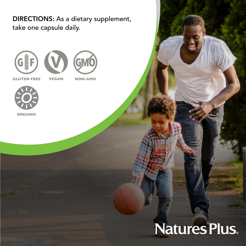 Nutrition facts and ingredient overview for organic iron supplement