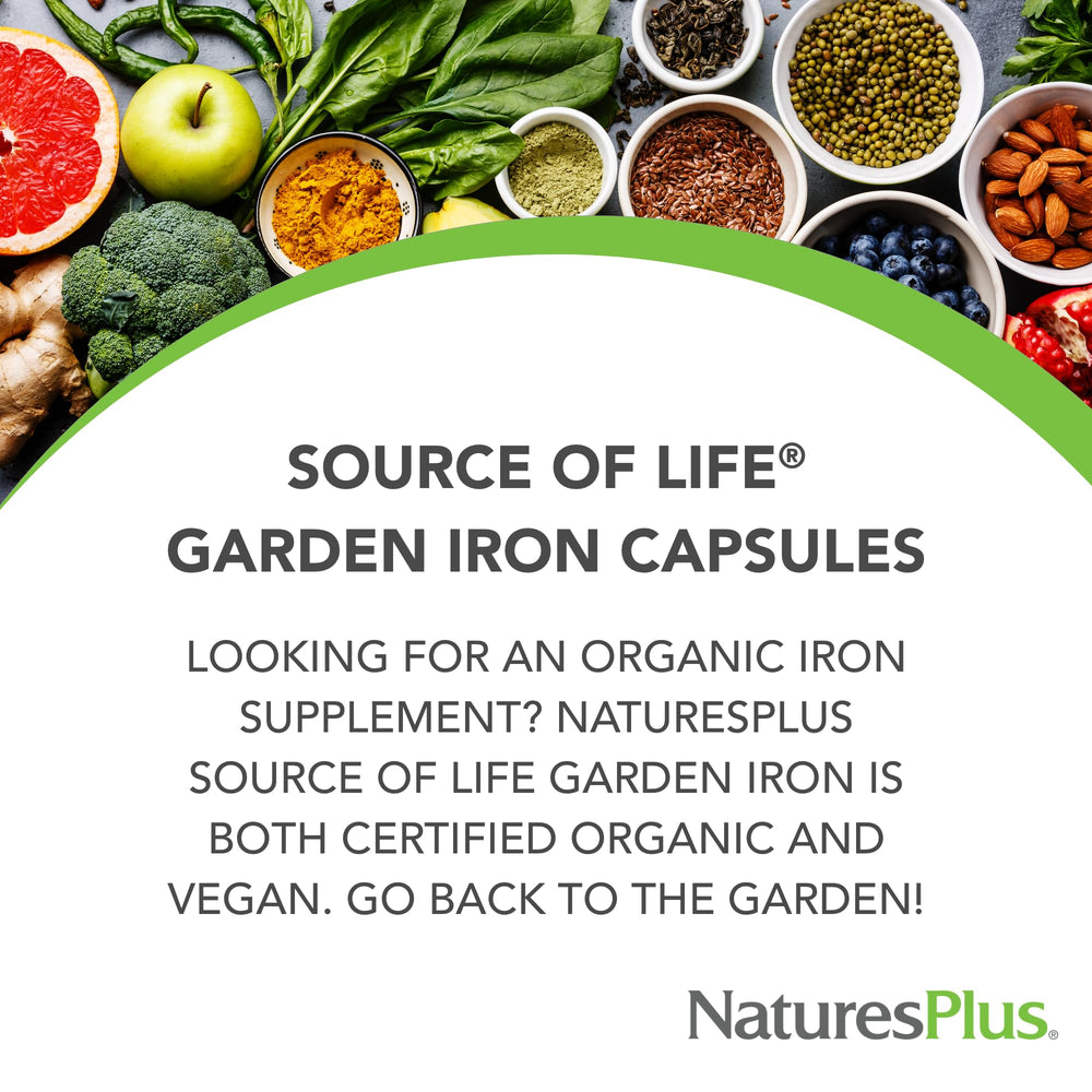 Lifestyle image showing the iron supplement with healthy foods