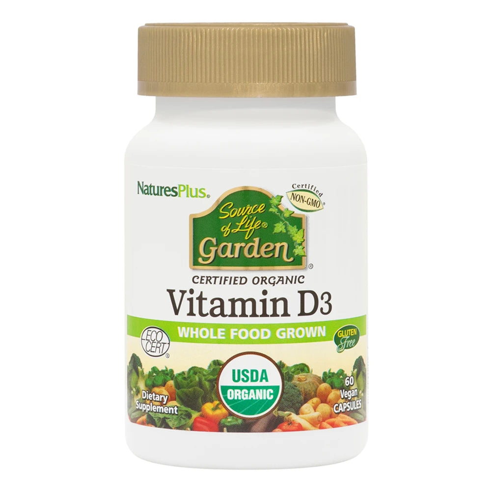 Front view of NaturesPlus Source of Life Garden Vitamin D3-60 vegan capsules bottle, pack of 2