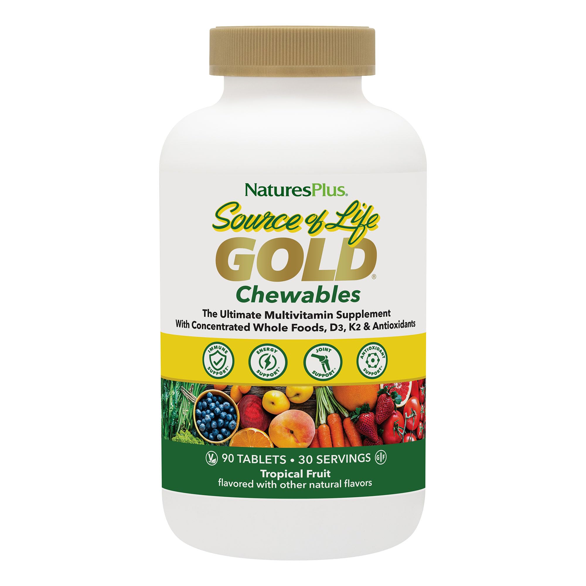 Bottle of NaturesPlus Source of Life Gold Chewables with tropical fruit flavor