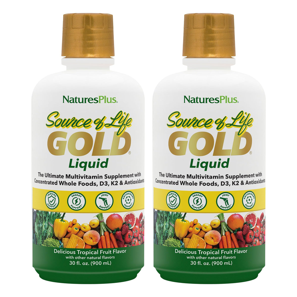 Front view of NaturesPlus Source of Life Gold liquid multivitamin bottle (30 oz)