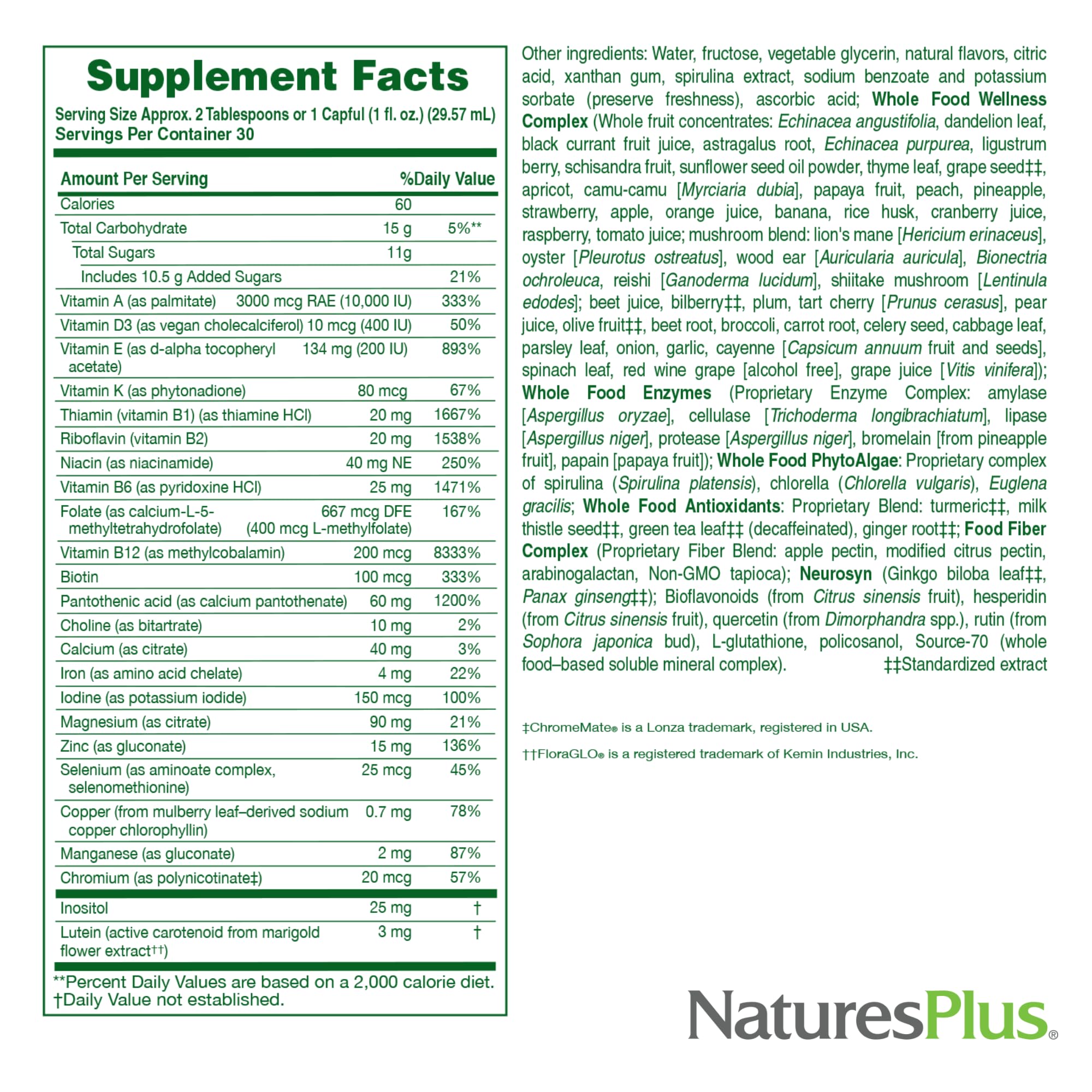 Serving size information for NaturesPlus Source of Life Liquid Mango Pineapple