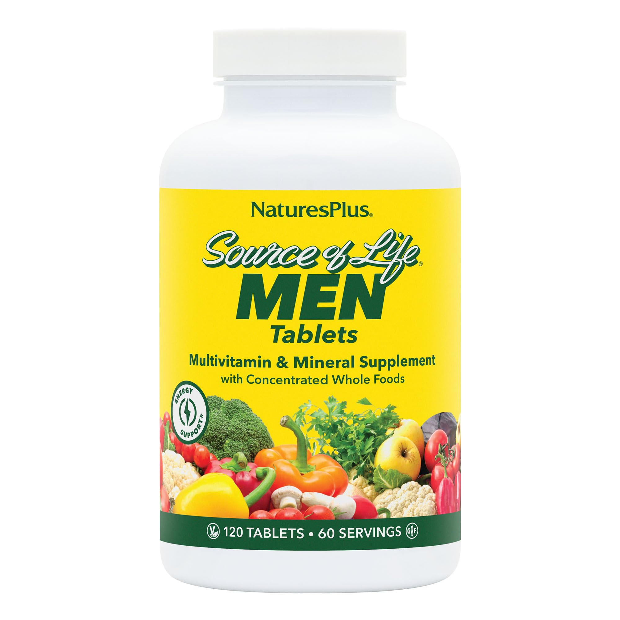 NaturesPlus Source of Life Men bottle showing 120 tablets and 60 servings