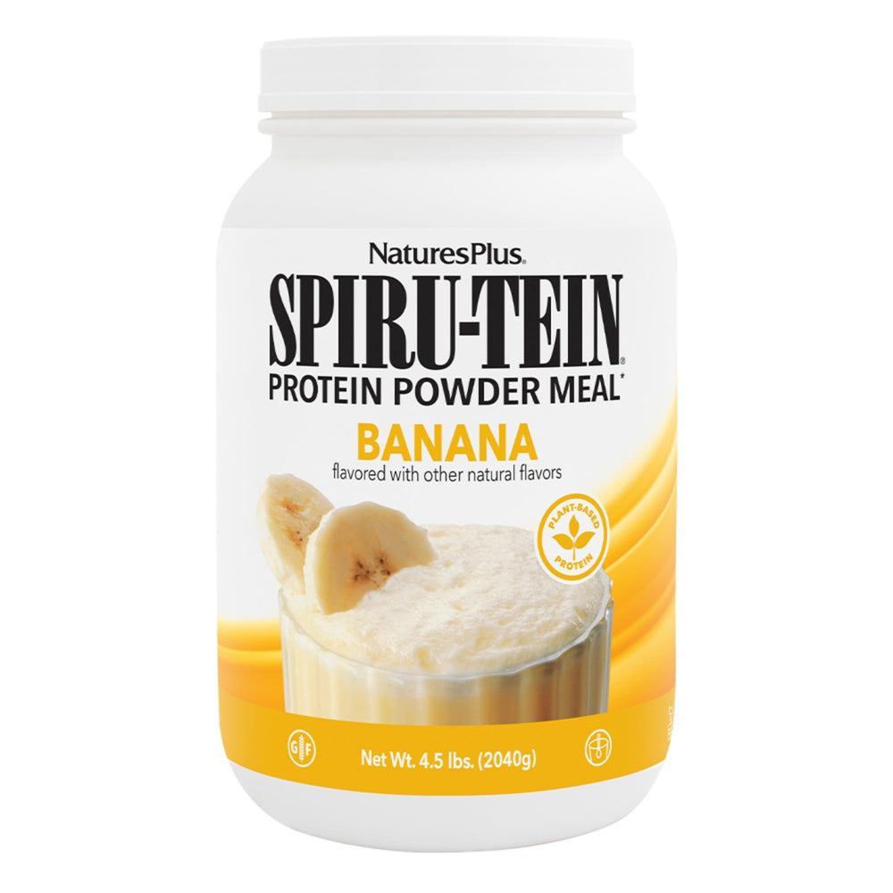 NaturesPlus SPIRU-TEIN Banana label image shows 14 g protein per serving for powering workouts.