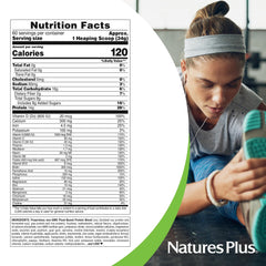 NaturesPlus SPIRU-TEIN Banana shake pour demonstrates easy mix with water or milk.