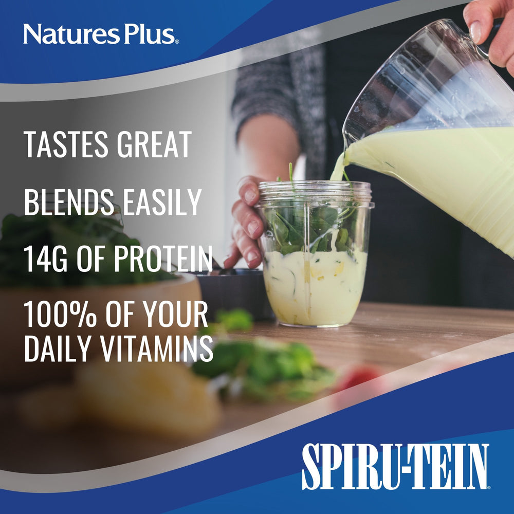 NaturesPlus SPIRU-TEIN banana shaker demonstrating easy mix without blender