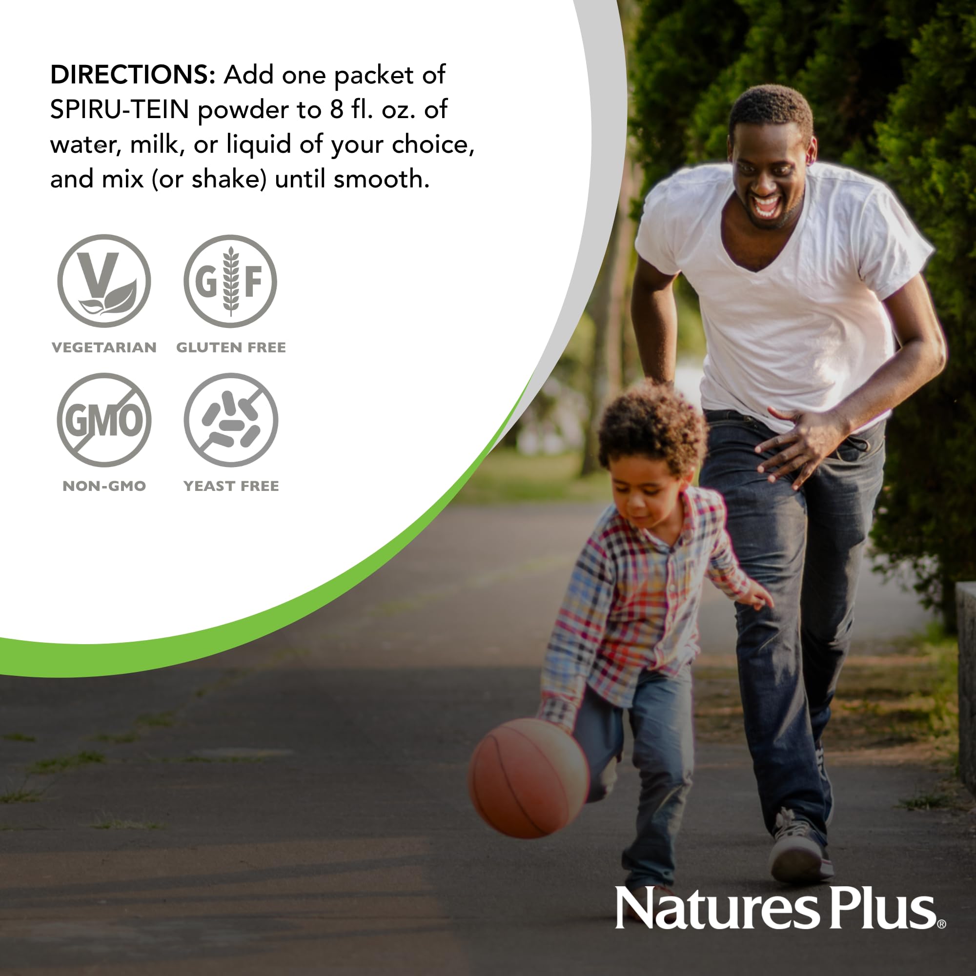 Ingredient blend diagram for SPIRU-TEIN Chocolate featuring rice, pea, and soy