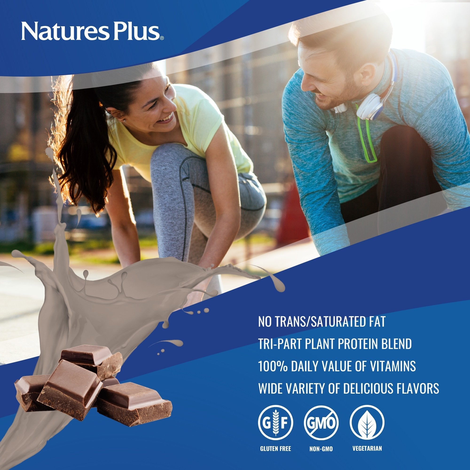 Nature's Plus SPIRU-TEIN Chocolate package highlighting plant-based nutrition and vitamins