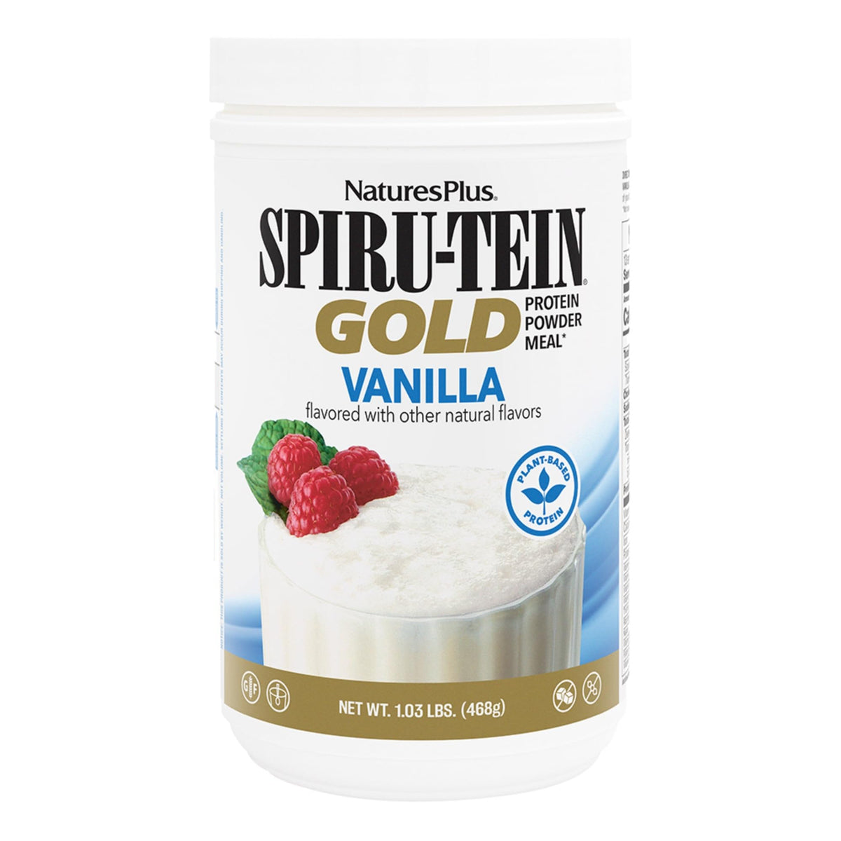 Front view of NaturesPlus SPIRU-TEIN GOLD Vanilla protein powder bottle