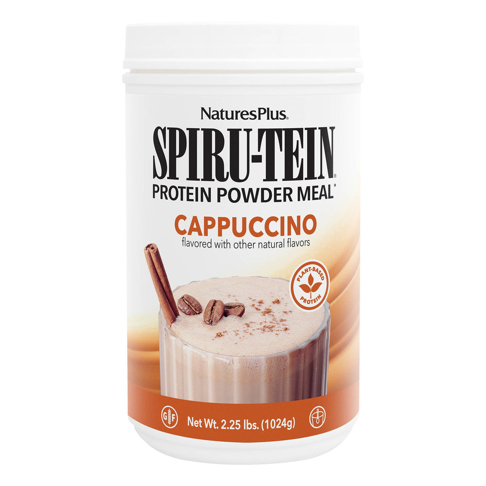NaturesPlus SPIRU-TEIN Shake cappuccino bottle closeup shows cappuccino flavor and protein blend.