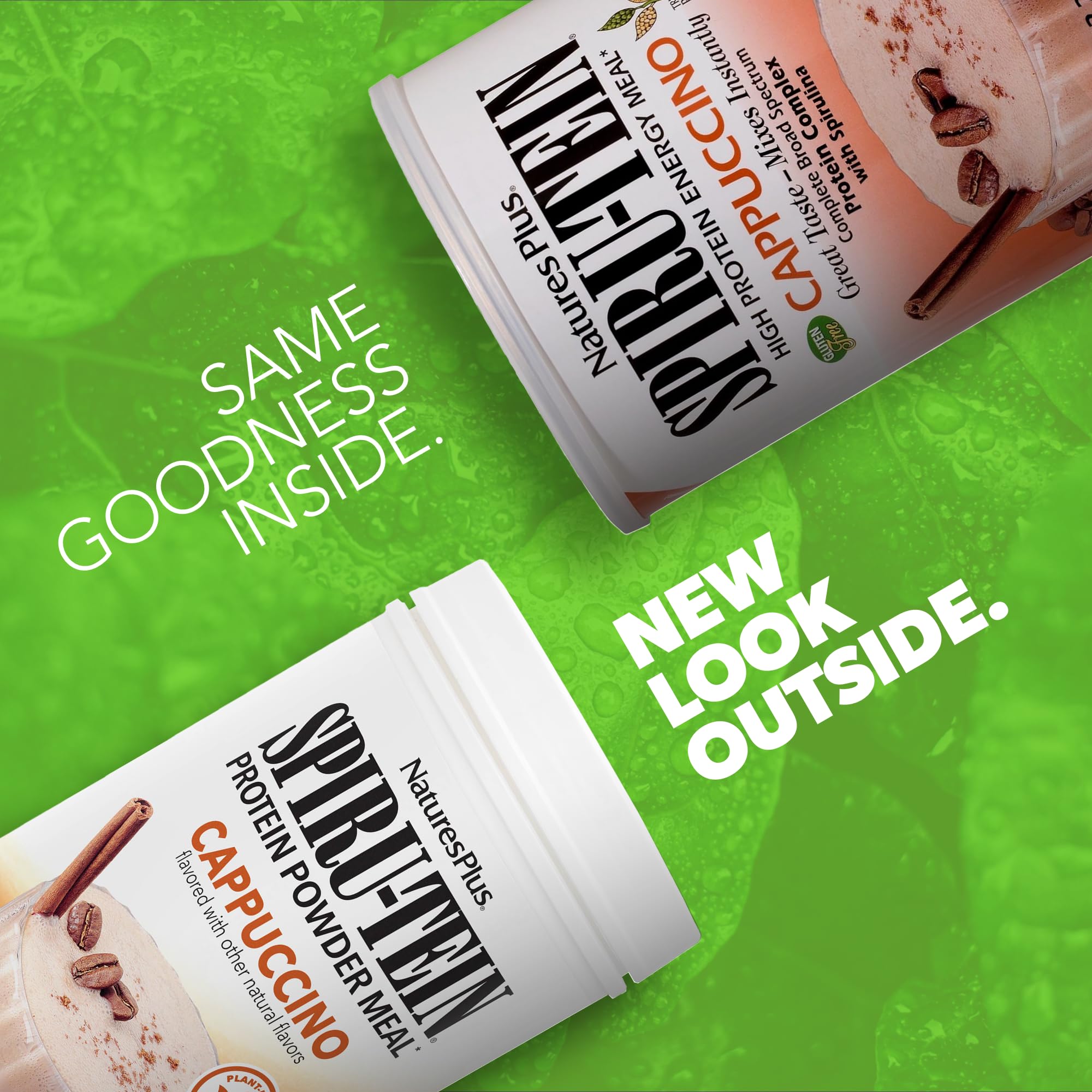 NaturesPlus SPIRU-TEIN Shake cappuccino powder with Tri-Part Protein Blend ready to mix.