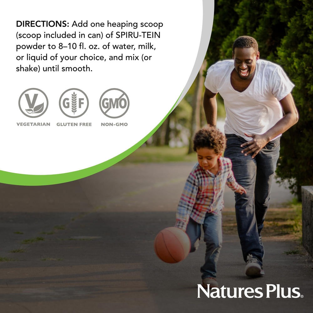 NaturesPlus SPIRU-TEIN latte shake in glass signals quick energy.