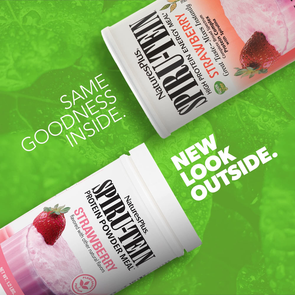 NaturesPlus SpirU-Tein Strawberry packaging highlighting non-GMO and gluten-free attributes.