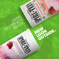 NaturesPlus SpirU-Tein Strawberry packaging highlighting non-GMO and gluten-free attributes.
