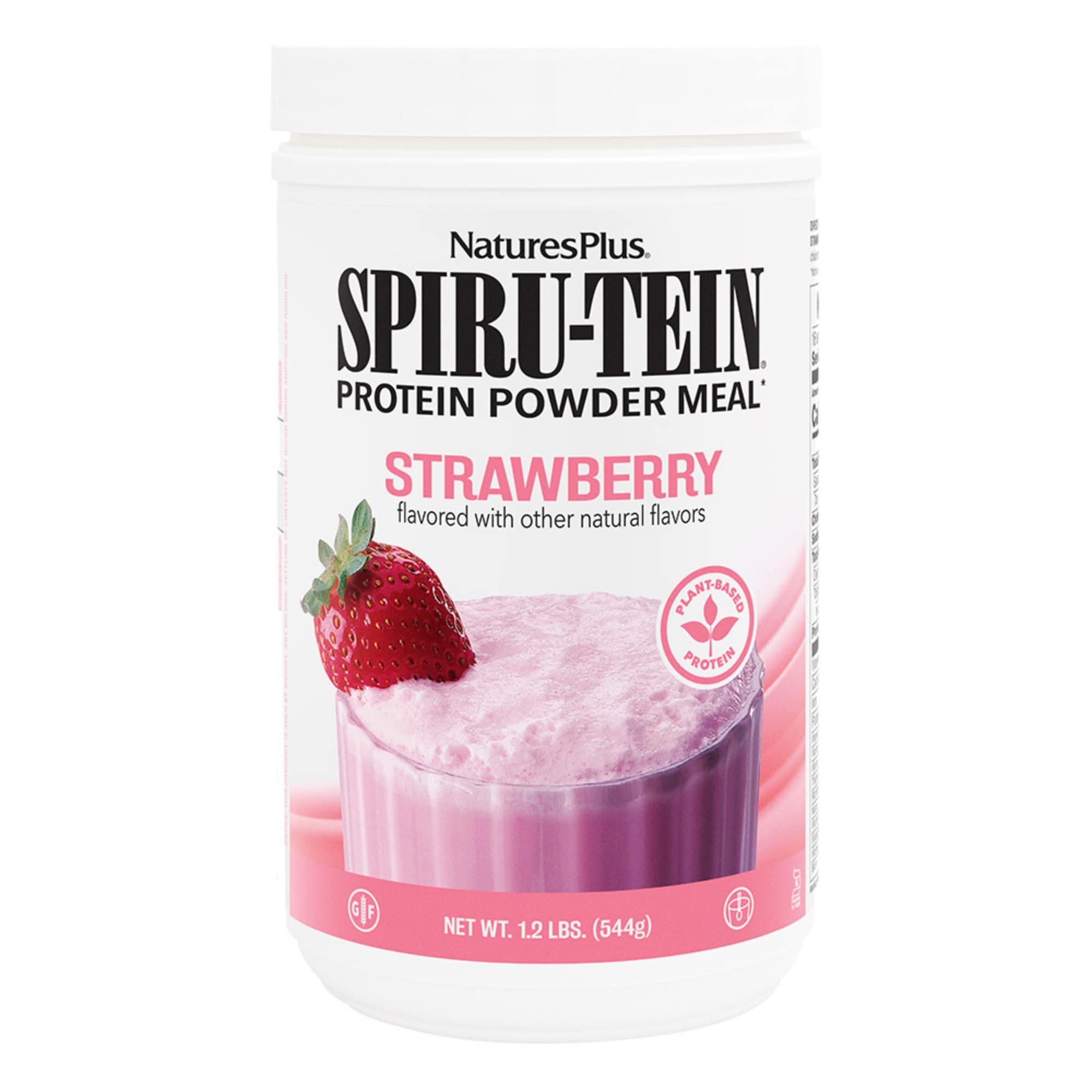 NaturesPlus SpirU-Tein Strawberry shake pour for post workout protein boost.