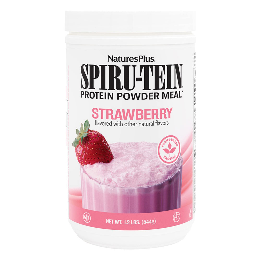 NaturesPlus SpirU-Tein Strawberry shake pour for post workout protein boost.