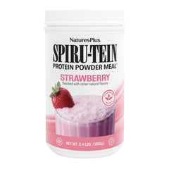 NaturesPlus Spirutein Strawberry bottle highlights high-protein plant blend for energy.